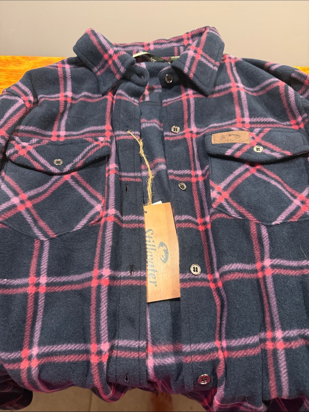 Gillian & O'Malley Navy and Pink Plaid Lightweight Fleece Shirt Jacket